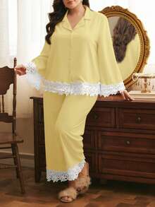Côtesoire Elegant Plus Size Women's Contrast Lace Single-Breasted Blouse And Pants Puff Ruffle Pajama Set - Yellow - View 6