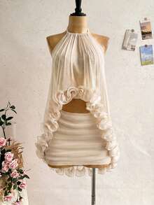 Soleia Women's Summer Elegant Sexy Ruffle Halter Top And Skirt Set Night Out Vacation Cream White - Apricot - View 6