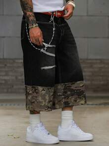 DAZY 春季男士拼接軍綠迷彩牛仔短褲，適合休閒出遊、通勤、派對、街頭穿搭 - 彩色 - 查看 5