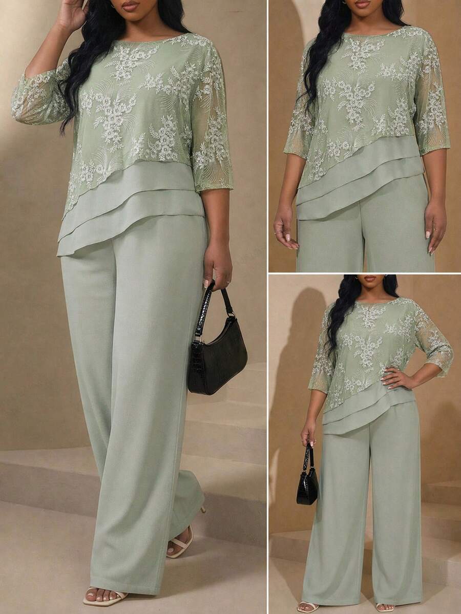 Reflora Plus Size Women's Floral Embroidery Pattern Top And Wide Leg Pants Casual Daily 2-Piece Set - Green - View 1