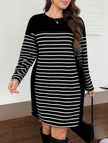 Comfylo Plus Size Women's Round Neck Black And White Colorblock Casual Simple Dates Vacation Dress Birthday Brunch Office Teacher Autumn Fall - Black - View 1