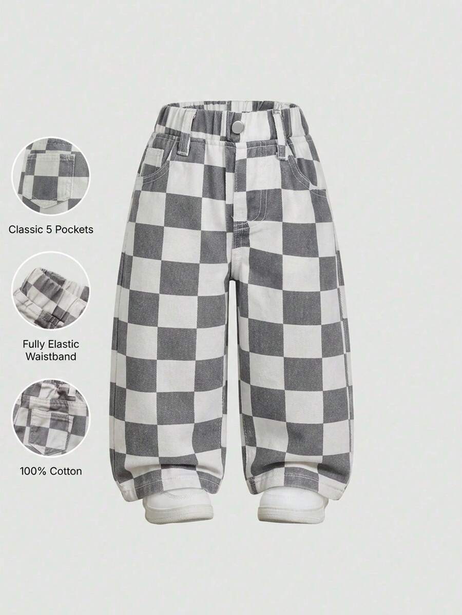 Elladie kids Denimly 女嬰休閒戶外學院風百搭牛仔長褲,鬆緊腰頭,格紋圖案水洗牛仔 - 灰色 - 查看 1