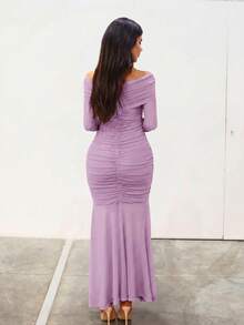 Hindelle Women's Elegant Solid Color Off-The-Shoulder Ruched Dress - Dusty Purple - View 4