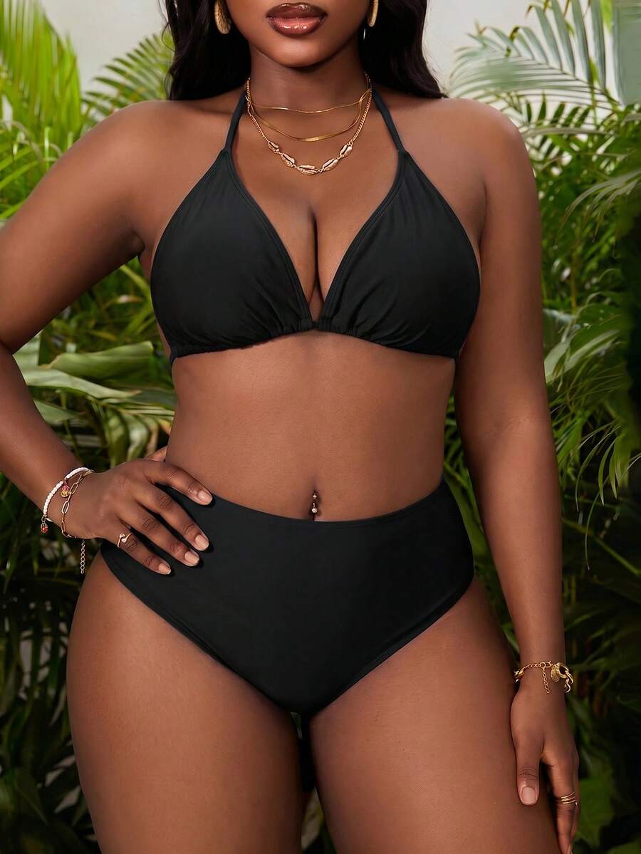 Slaydiva Plus Size Solid Color Ruched Halter Tie Sexy Bikini Two-Piece Swimsuit Set For Vacation And Party - Black - View 1