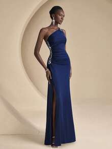 Coutiva Rhinestone Decor Elegant One Shoulder High Slit Bridesmaid Dress - Royal Blue - View 1