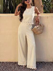 Cévolie Conjunto de 2 piezas de blusa sin mangas con dobladillo de encaje en contraste y pantalones de unicolor para mujer, beige, casual elegante para brunch y vacaciones de verano - Caqui - Ver 3