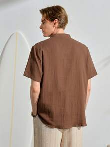 Men's Casual Solid Color Short Sleeve Shirt, Summer, White Linen Beach Top, Casual V-Neck Henley, Hippie Bohemian Style Loose Fit Blouse - Coffee Brown - View 4