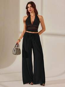 SHEIN Tall 2026女款春夏度假系列新款黑色100%純棉寬鬆抽繩長褲，適合居家休閒、外出、海灘旅行、時尚穿搭、日常穿著、通勤、度假休閒、浪漫場合及日常穿著 - 黑色 - View 7
