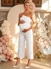 Loomaby Elegant Solid Color Knot Jumpsuit For Pregnant Women Party Dress Gender Reveal Dress Maternity Dress Baby Shower Dress - Apricot - View 3
