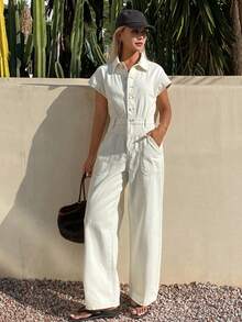 Livesso Women's Long Denim Overalls And Jumpsuit With Collar And Cinched Waist - White - View 3