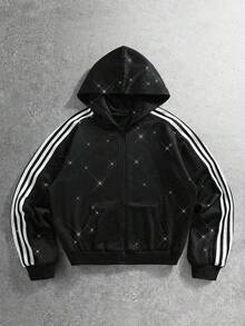 ROMWE MEN Goth Men's Rhinestone Striped Streetwear Casual Zip-Up Hoodie - Black - View 4