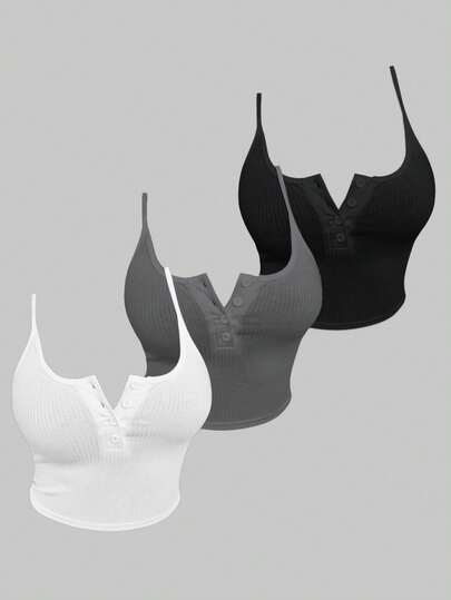 Femesol Tank Top Camisole Musim Panas Berwarna Polos dengan Kancing, Set Berbagai Warna