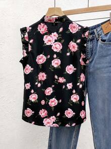 GlowEve CURVE Plus Size High Neck Button-Front Ruffle Trim Gathered Small Ruffle Trim Cap Sleeve Fitted Blouse Elegant For Outing Dating Gathering Party Vacation - Multicolor - View 2