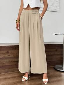 Easowa Asymmetrical Waistband Button Detail, Pleated Waist, Wide Leg High Waist Long Pants, Casual Elegant Autumn Women's Office Bar Party Khaki - Khaki - View 6