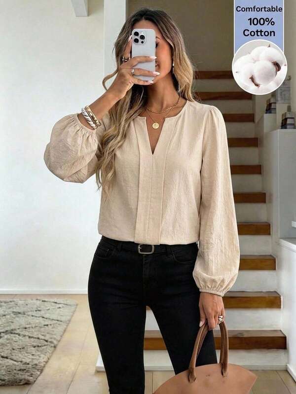 Easowa Camisa casual versátil de unicolor con cuello de muesca para mujer