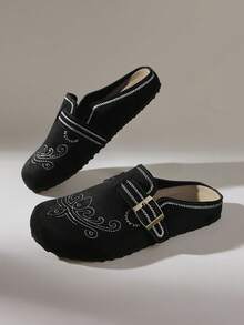 Solecia Women's Shoes Four Seasons Retro Embroidery Buckle Round Toe Flat Heel Thick Sole Suede Closed Toe Daily Casual Shoes - Black - View 4