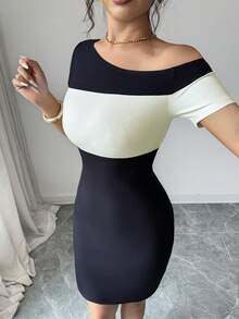 SHEIN Elenzya Women's Asymmetric Shoulder Colorblock Casual Sexy Daily Wear Dress Date Night Night Out Black And White Summer - Multicolor - View 6