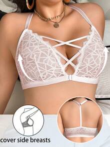 SHEIN Front Closure Lace Plus Size Wireless Bra Single Piece - Pink - View 4