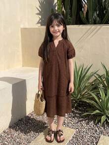 Dazy Kids 女童純色V領休閒日常夏季洋裝 - 棕色 - 查看 8