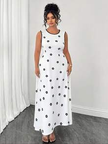 SHEIN Clasi Plus Size Women's Floral Print Round Neck Sleeveless Casual Cute Elegant Dress Brunch Dates White Summer - Black and White - View 6