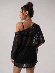 SHEIN ICON Women's Fashion Vacation Asymmetrical Shoulder Sheer Knit Top - Black - View 2