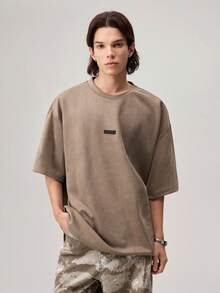 Men's Street Style Air Layer Suede Flocked Loose Dropped Shoulder Round Neck Short Sleeve T-Shirt, 2000s Style - Brown - View 5