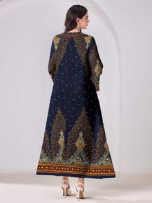 Al Najma Casual Minimalist Conservative Arabic Cashew Print Long Sleeve Dress - Multicolor - View 2