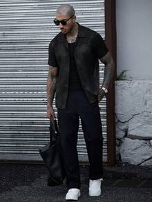 SLATEMANN 男士中式龍紋單排扣休閒短袖襯衫 - 黑色 - 查看 3