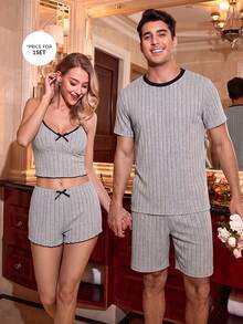 CoupledUp Men's Casual Knit Textured Colorblock Short Sleeve & Shorts Loungewear Set - Grey - View 6