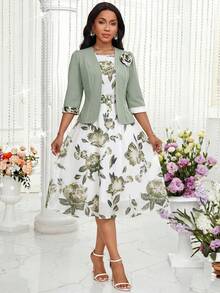 SHEIN Lady 女款純色短版上衣與花卉印花洋裝兩件套 - 彩色 - 查看 6