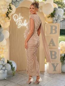Loomaby Elegant Ruched Fitted Party Dress For Pregnant Women Dress Gender Reveal Dress Maternity Dress Baby Shower Dress - Apricot - View 4
