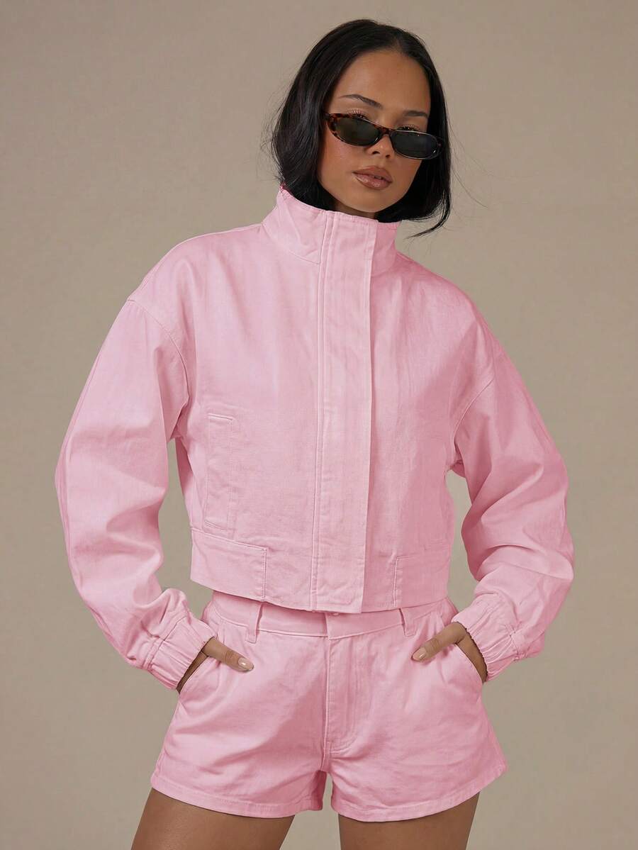 MUSERA Denim High Neck Balloon Sleeve Zip Through Jacket Spring Summer Cute Cosy Cottage Core Spring Dew - Pink - View 1