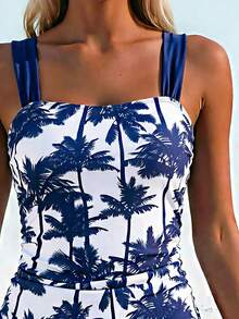 Swim Lushoire Women's 2 Pieces Swimwear Set With Floral Print, Thick Straps, Ruched Slimming Fit, Summer Holiday Beach Wear - Blue and White - View 4