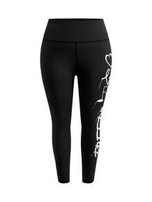 Cheerettes Women's Plus Size Letter Print Casual Versatile Daily Wear Sports Black Leggings High Stretch Breathable Moisture Wicking Graffiti Print Tummy Control - Black - View 3
