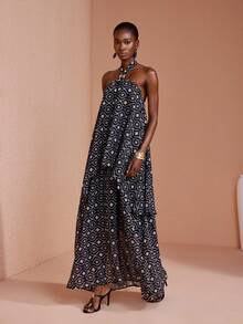 JIAN LASALA Gaun Maxi Wanita Motif Cetak Seluruh Permukaan dengan Tali Leher untuk Liburan Musim Panas Gaya Boho Elegan - MultiWarna - View 6