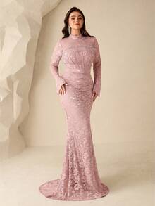 Coutiva Plus Size Women's Elegant Ruched Waist Stand Collar Evening Dress - Pink - View 5
