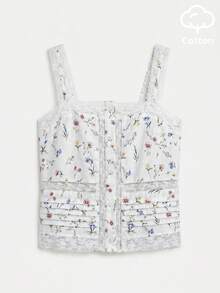 lacRébo Relaxed Romantic Floral Print Button Front White Cotton Top With Lace Neckline Summer Holiday Casual - Apricot - View 7
