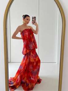 Firerie Women's Elegant Tropical Romantic Beach Vacation Party Date Afternoon Tea Sister Gathering Braided Red Orange Print Mesh Sheer Draped Tube Top Dress - Multicolor - View 15