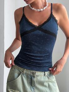DAZY Women's French Fashion Lace Patchwork Jacquard Camisole Summer - Navy Blue - View 5