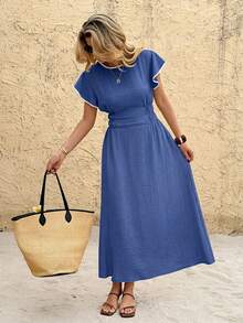 SHEIN Frenchy Women's Piped Round Neck Ruffle Short Sleeve Elegant Mid-Length Dress - Blue - View 3