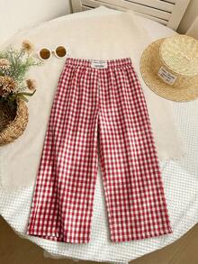 SHEIN Young Girl LMoss Young Girl Woven Plaid Loose Casual Pants - Red - View 3