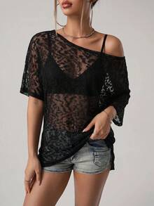 SHEIN ICON Women's Fashion Vacation Asymmetrical Shoulder Sheer Knit Top - Black - View 4