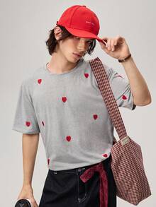 Vaulklash Men Round Neck Heart Embroidered T-Shirt - Round Neck Casual Top - Lightweight T-Shirt Suitable For All Seasons - Multicolor - View 1