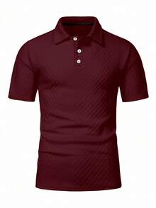 Manfinity Homme 男士大尺碼不對稱提花落肩休閒短袖 Polo 衫，適合日常穿著、度假，送給丈夫/男友的禮物 - 酒紅色 - 查看 3