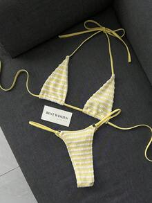 Swim SXY 女款夏季海灘條紋掛脖繫帶性感時尚比基尼兩件式泳衣套裝 - 彩色 - 查看 4