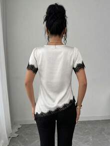 SHEIN Raffinéa 女款優雅法式蕾絲拼接緞面不對稱下擺短袖上衣，適合夏季 - 白色 - 查看 2