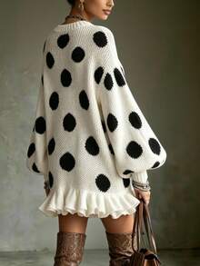 LUMIGAL Women's Polka Dot Lantern Sleeve Ruffle Hem Knit Dress - Black and White - View 3
