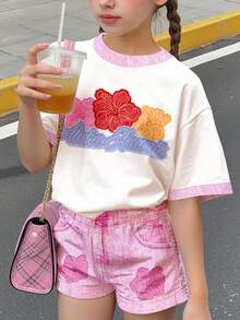 青少年女孩休閒復古拼接刺繡寬鬆圓領短袖T恤與寬鬆短褲2件套，適合春夏日常穿著、外出，甜美風格 - 彩色 - 查看 3