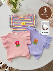 LMoss Kids Baby Girl 3pcs Knitted Solid Color Striped 3D Floral Round Neck Tank Tops - Mauve Purple - View 4