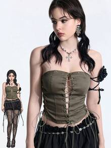 ROMWE Y2K Women's Solid Color Sexy Eyelet Tie Design Fashion Versatile Date Club Concert Outing Bandeau Top Halloween Olive Green Summer - Army Green - View 8